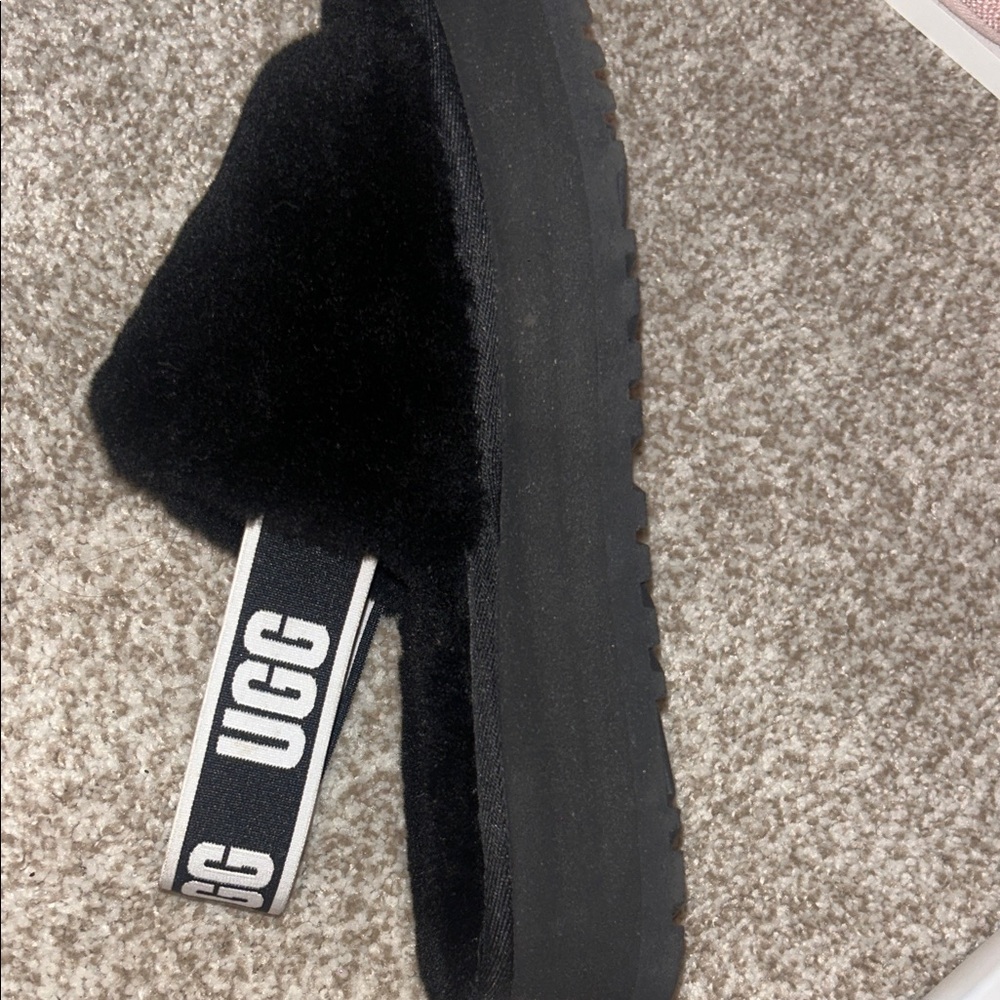 UGG Black Fluffy Slides with Logo Strap